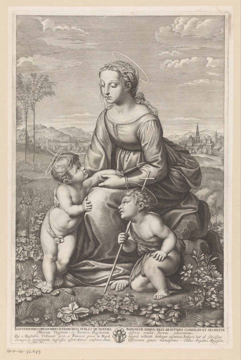 Maria met kind en Johannes de Doper in weidelandschap door Gilles Rousselet