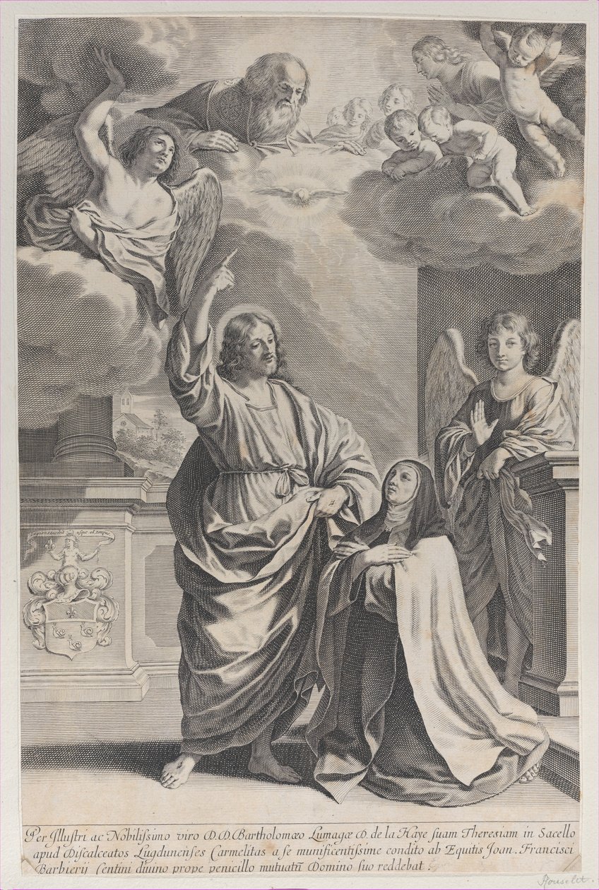Sint Theresa biddend naast Christus, die naar God de Vader wijst door Gilles Rousselet