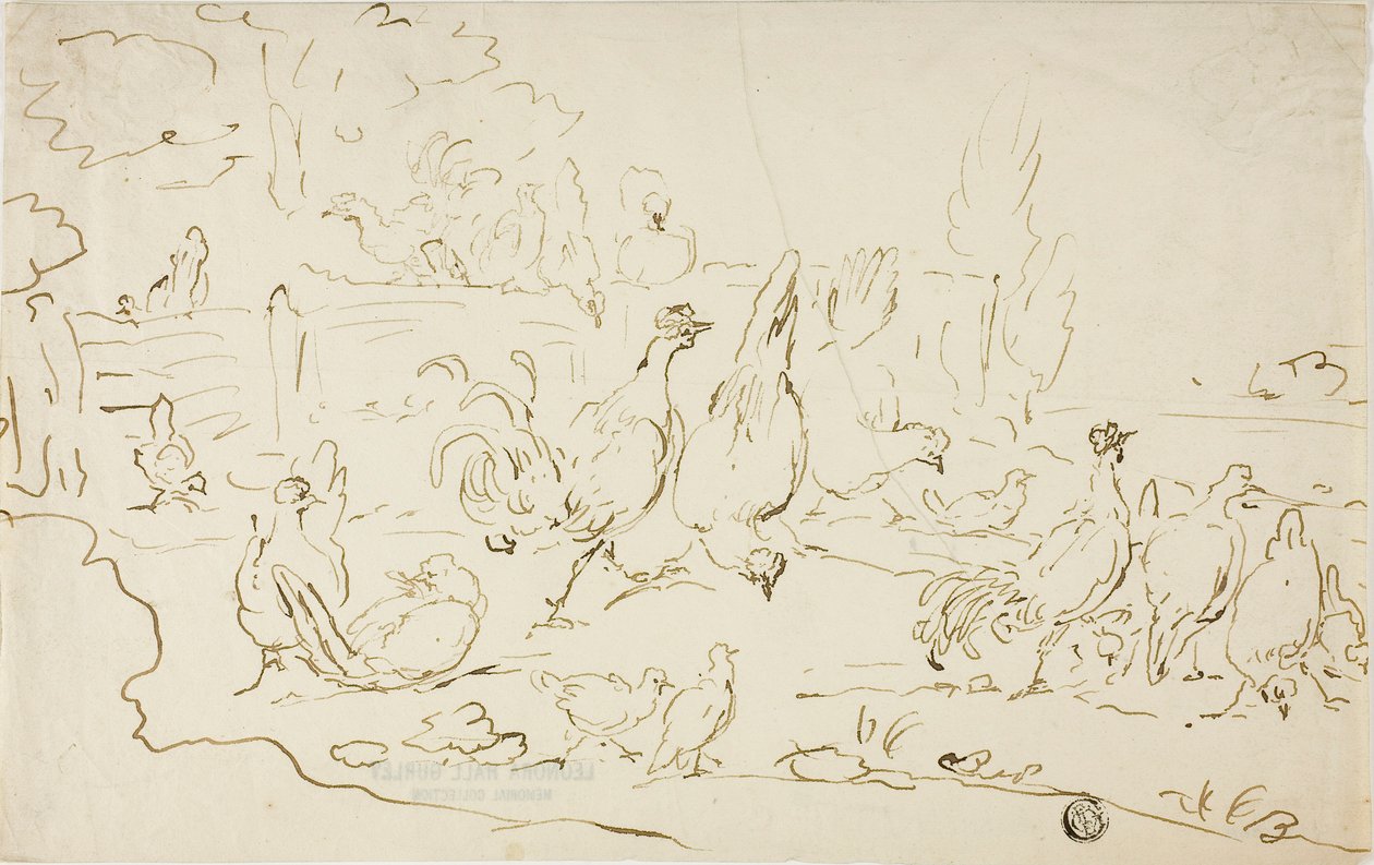 Kippen en hanen in de tuin door Gillis Claesz. de Hondecoeter