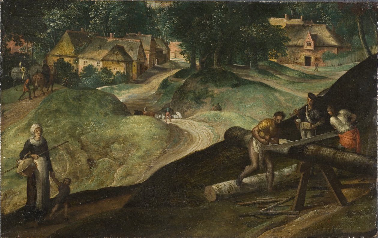 Landschap met mannen die hout zagen door Gillis Mostaert