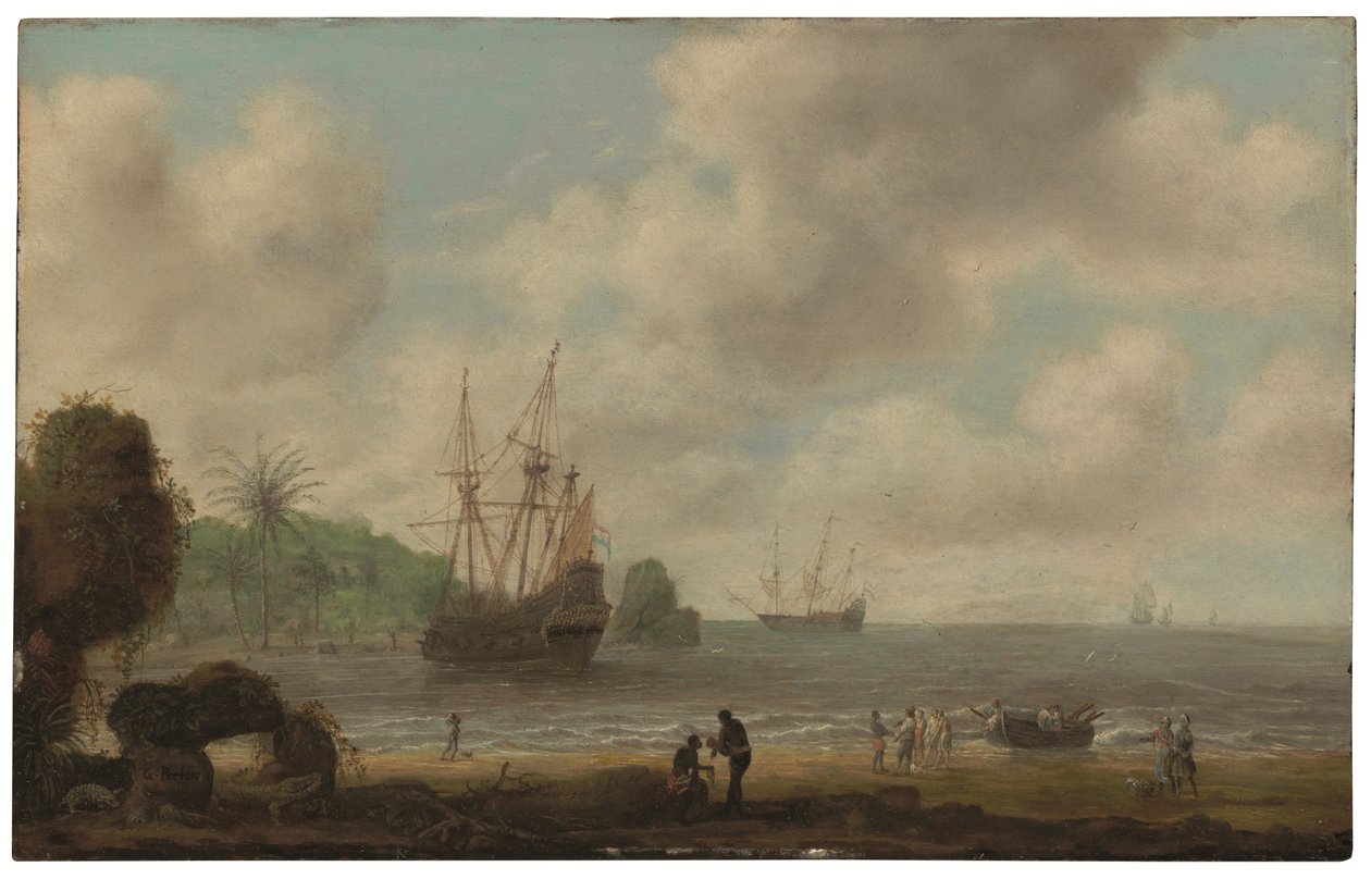 Het Nederlandse oorlogsschip Amsterdam voor de Braziliaanse kust (olieverf op paneel) door Gillis Peeters