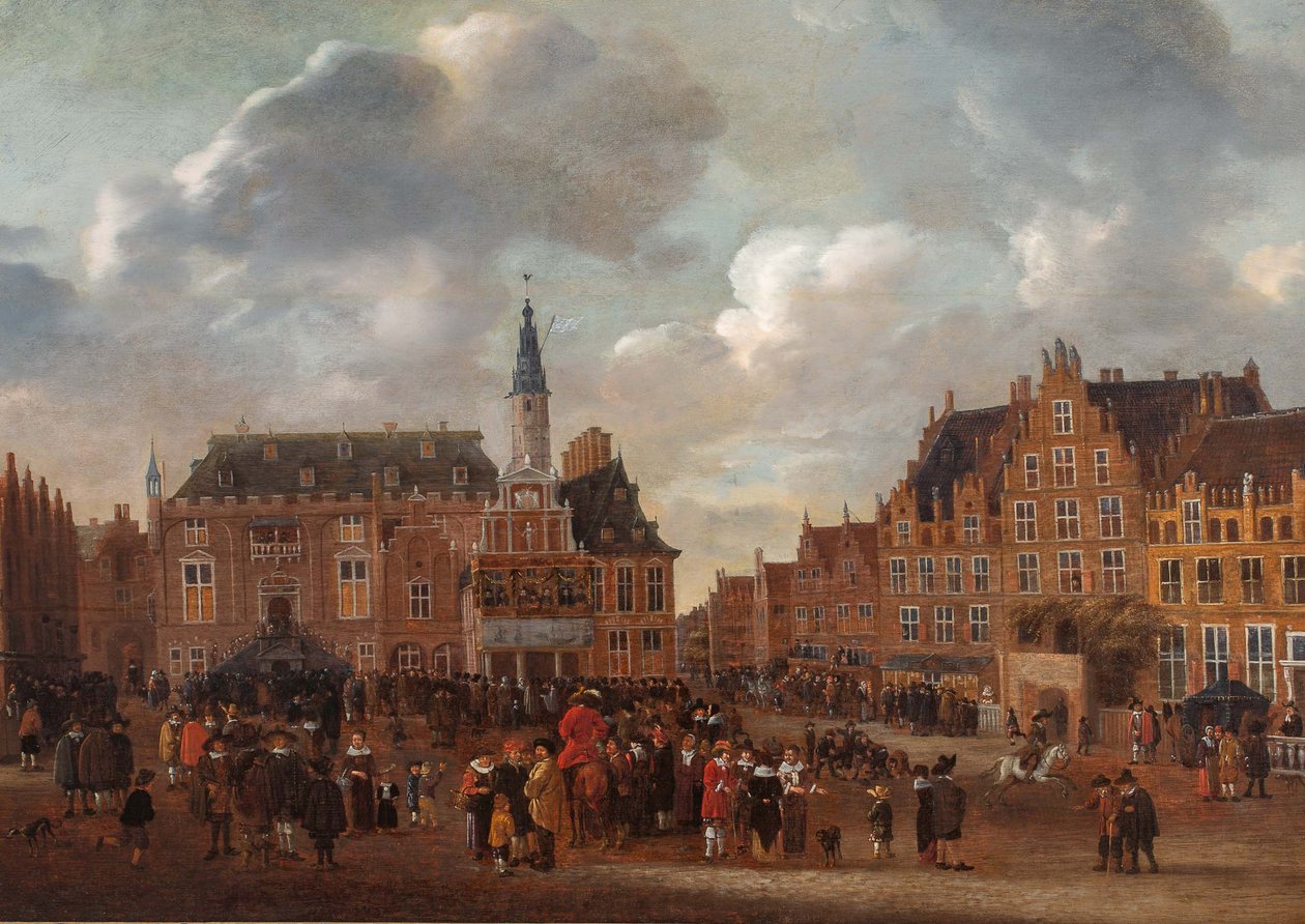 De aankondiging van de Vrede van Münster in 1648 vanaf het balkon van het stadhuis van Haarlem door Gillis Rombouts