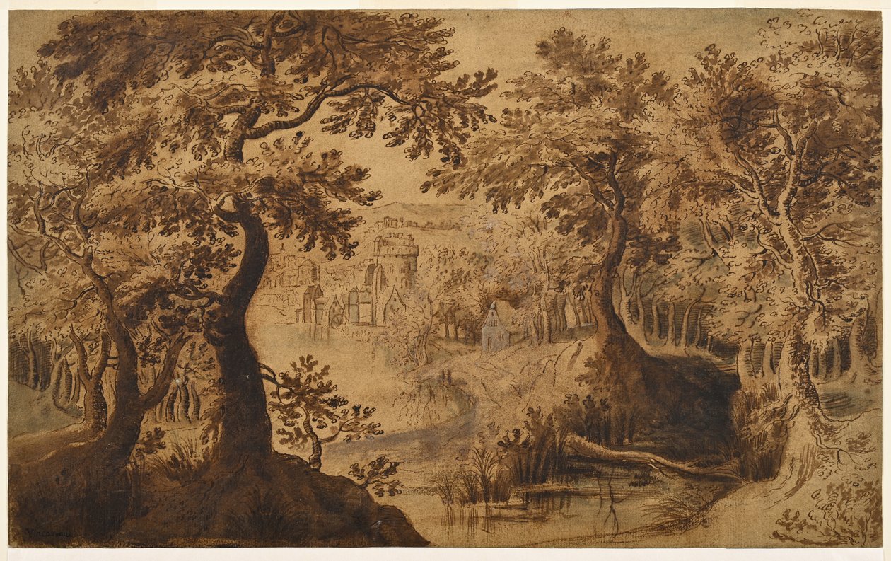Boslandschap met uitzicht door Gillis van III (circle of) Coninxloo