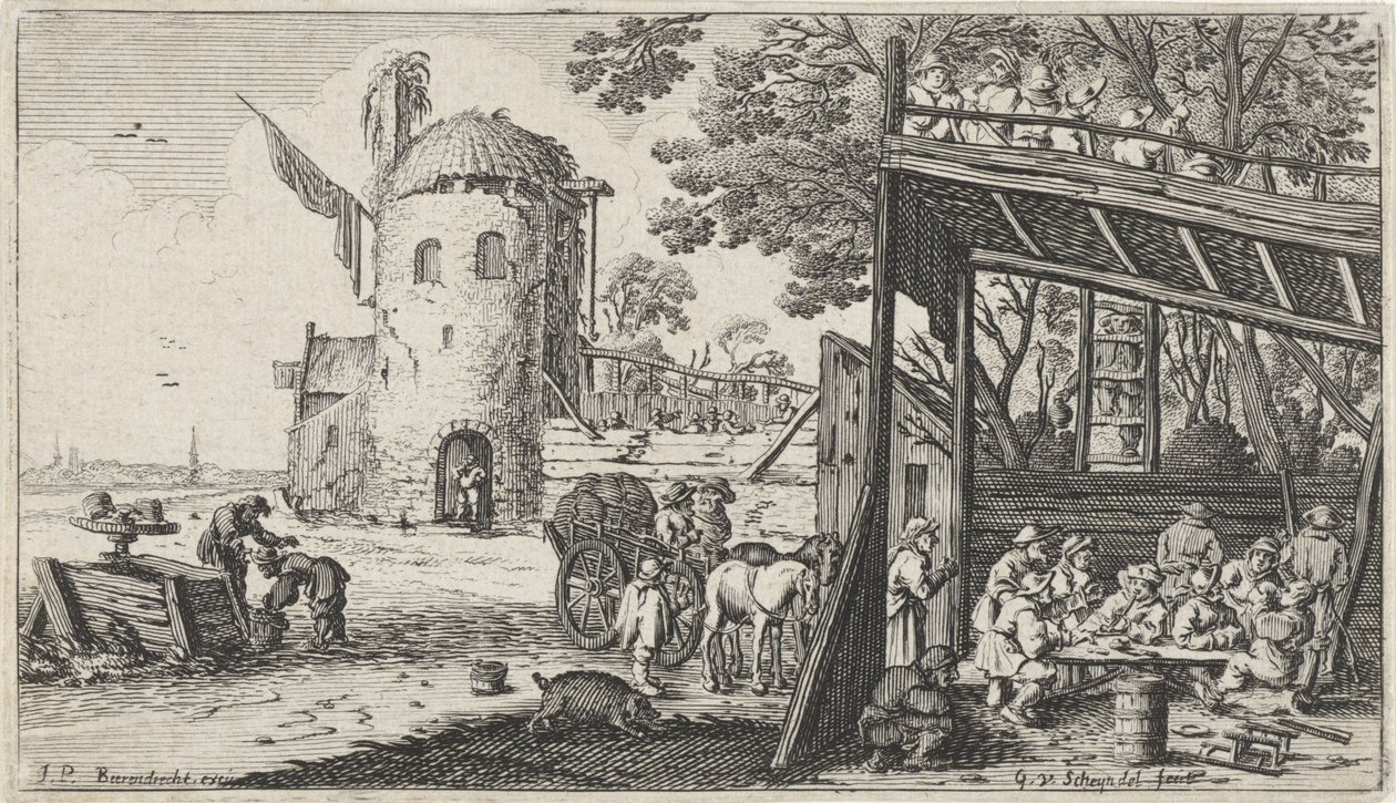 Boeren rond een tafel in een schuur (de Smaak) Landschappen met de vijf zintuigen door Gillis van Scheyndel (I)