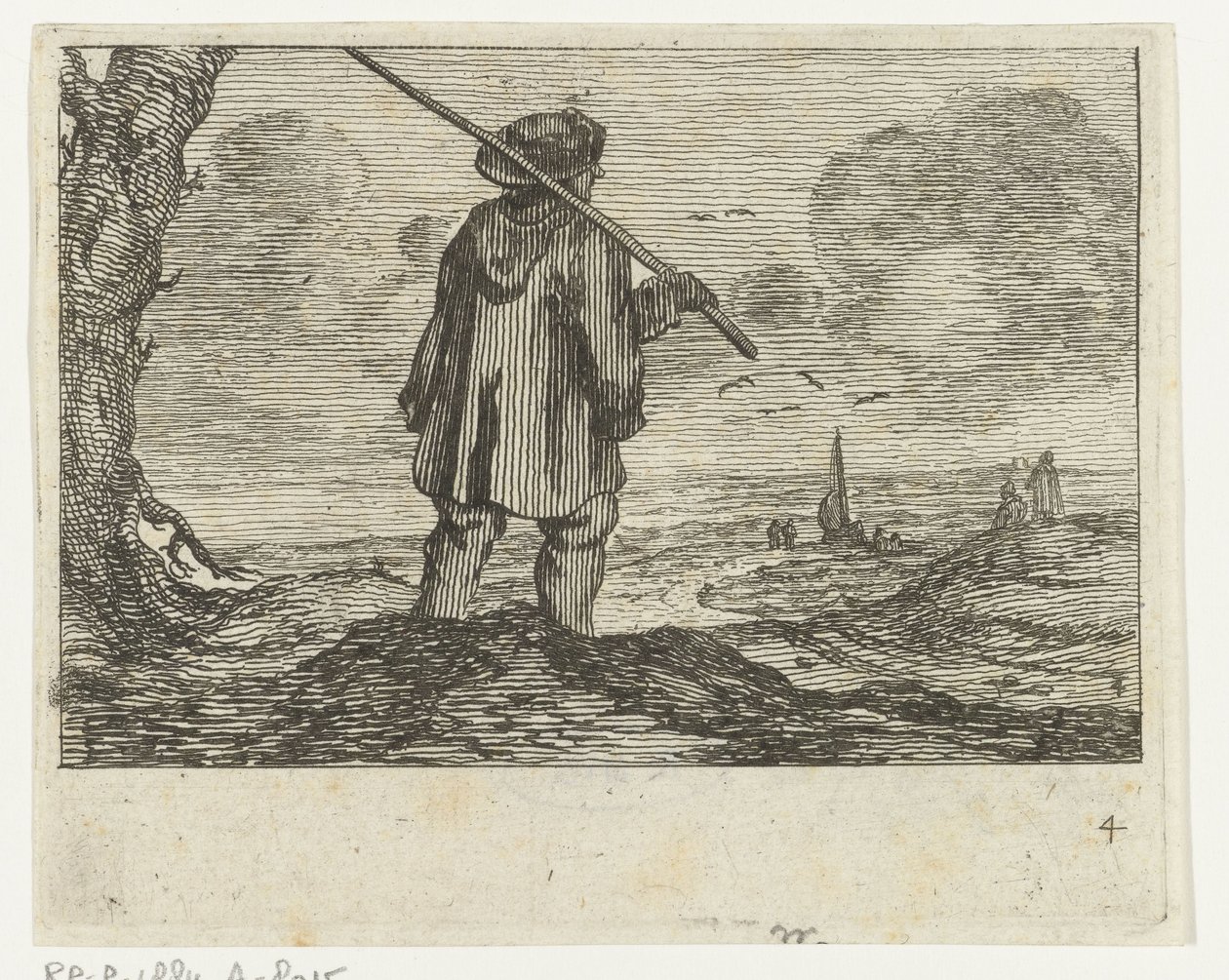 Duinlandschap met een man, met staf op de schouder door Gillis van Scheyndel (I)