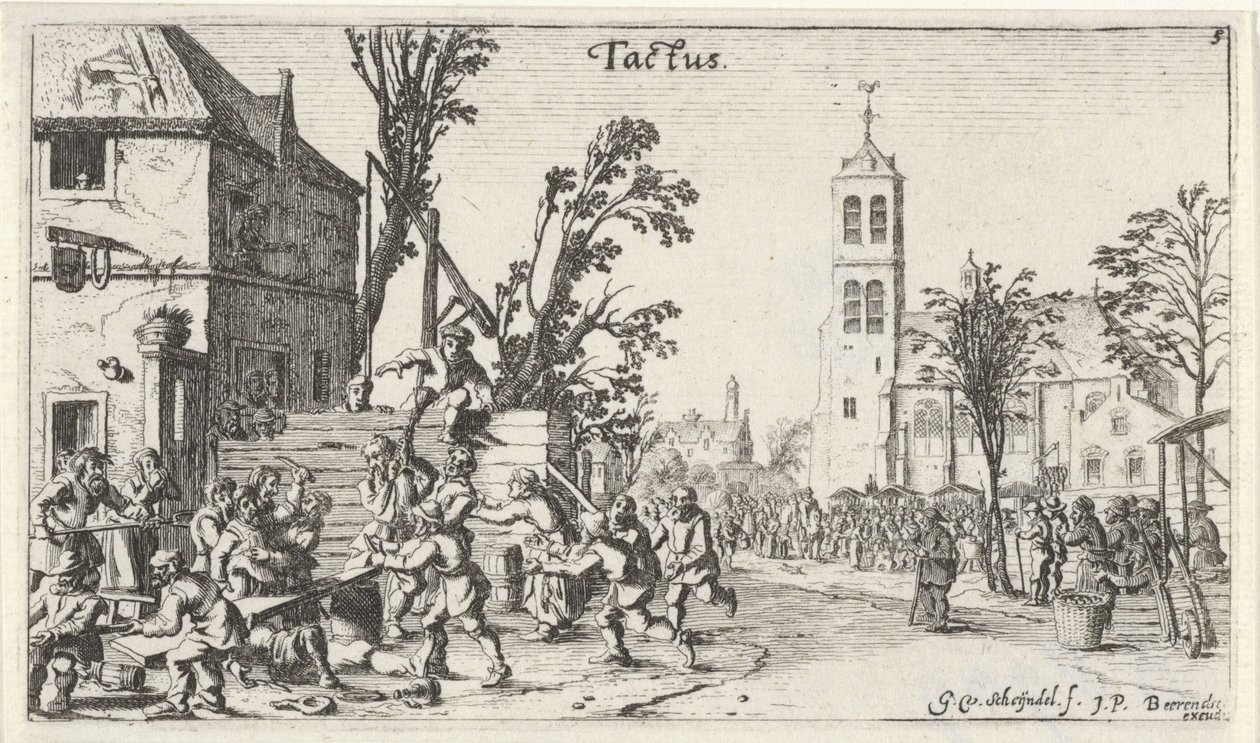 Gevecht bij een herberg (de Tastzin) Landschappen met de vijf zintuigen (serie) door Gillis van Scheyndel (I)