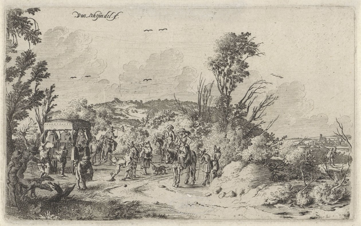 Rijtuig en ruiters op een landweg (Reuk, Landschappen met de vijf zintuigen) door Gillis van Scheyndel (I)