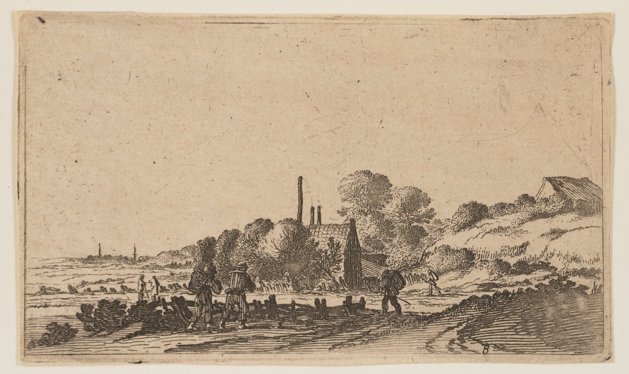 Figuren op een pad voor boerderijen op de duinen, uit Twaalf landschappen door Gillis van Scheyndel
