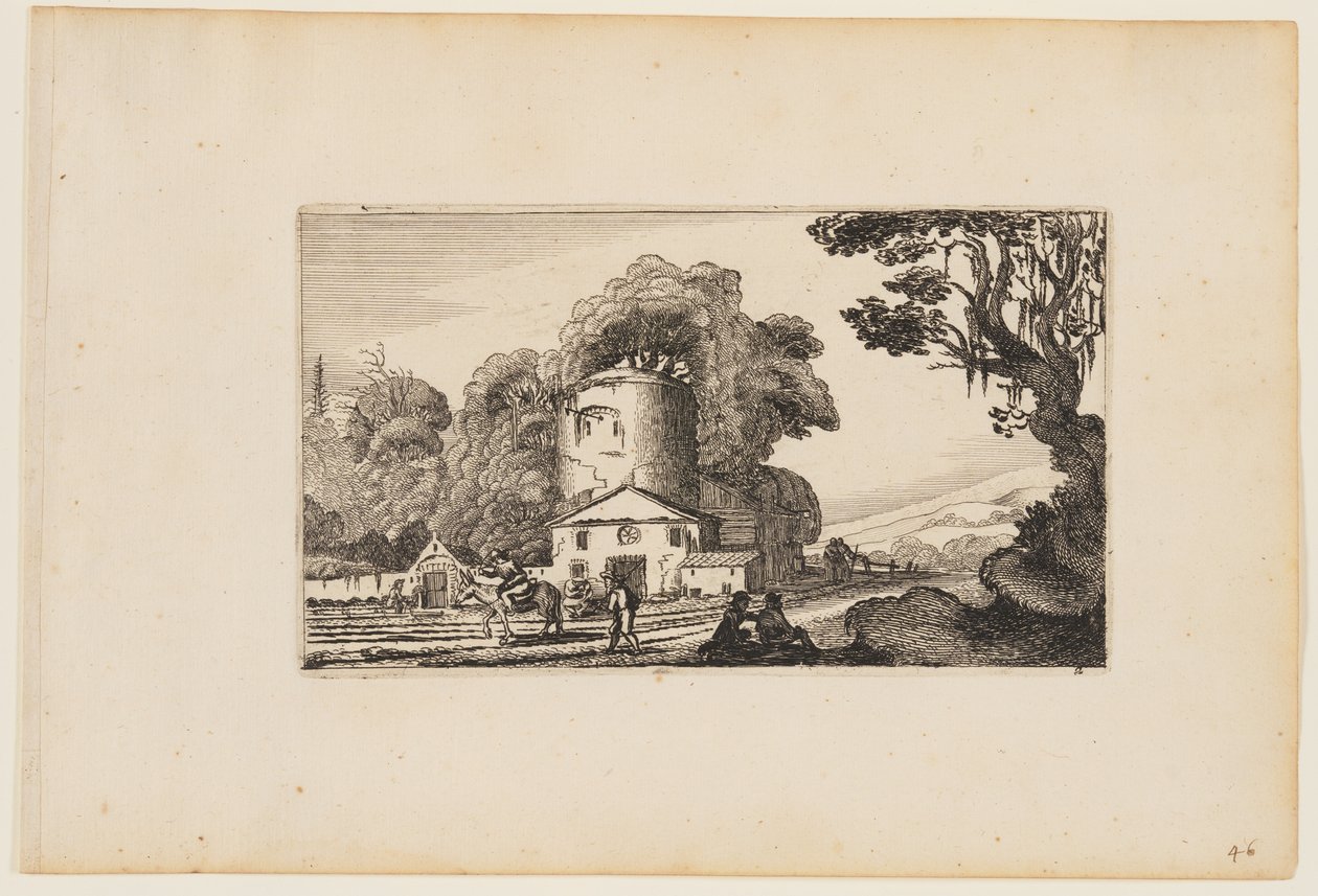 Pad voor boerderij gedomineerd door een ronde toren, uit Twaalf landschappen met figuren door Gillis van Scheyndel
