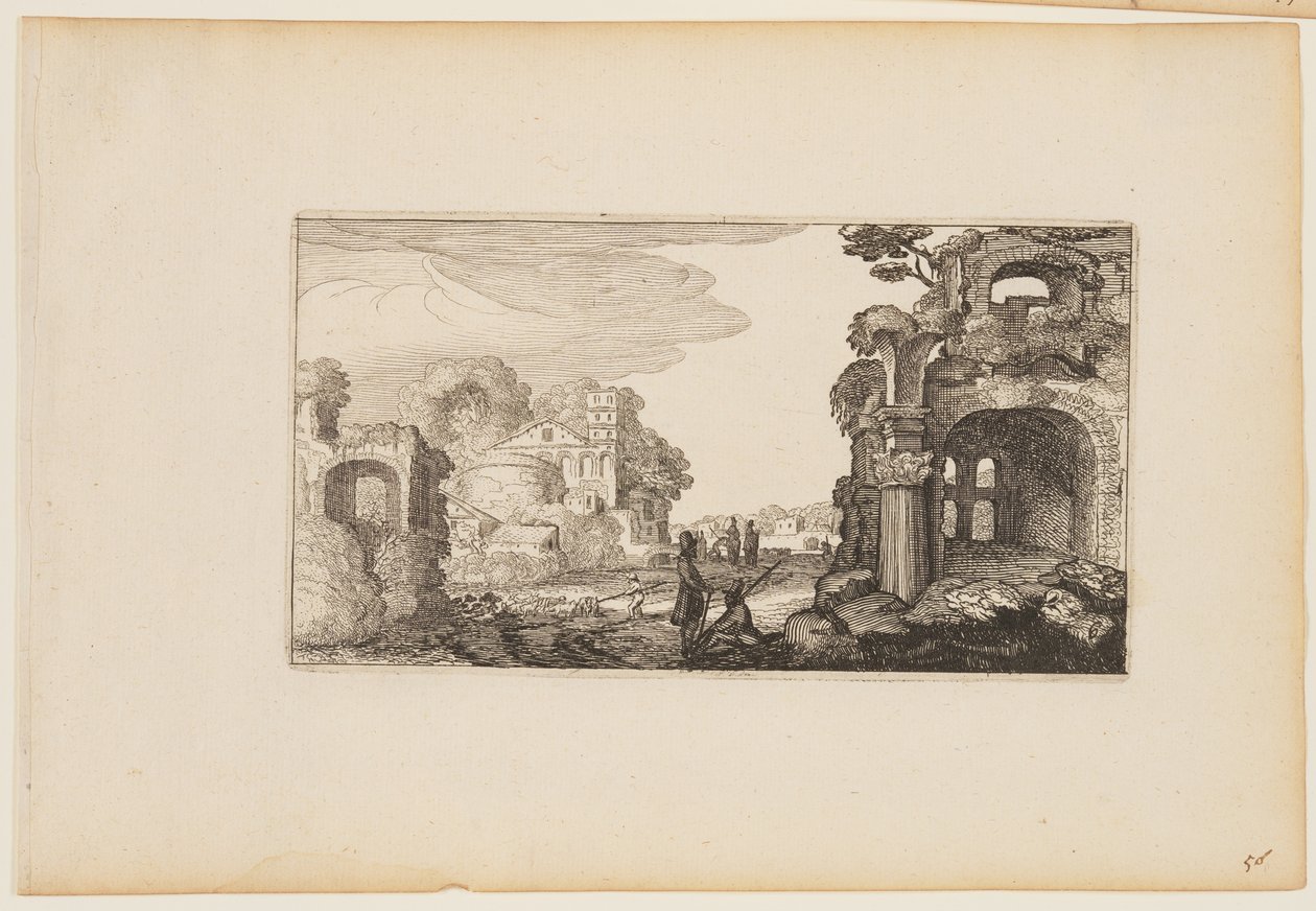Pad tussen Romeinse ruïnes, uit Twaalf landschappen met figuren door Gillis van Scheyndel