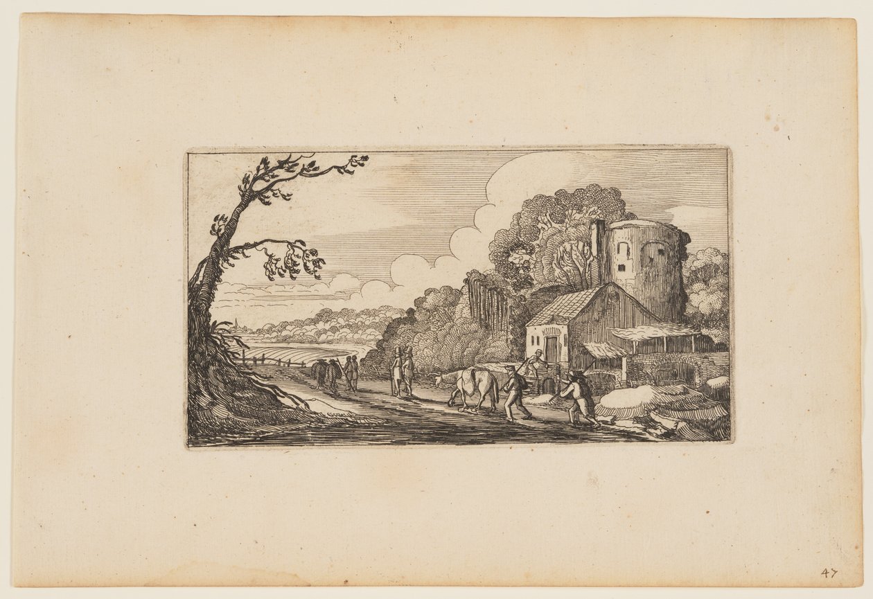 Pad naar links van een boerderij gedomineerd door een ronde toren, uit Twaalf landschappen met figuren door Gillis van Scheyndel