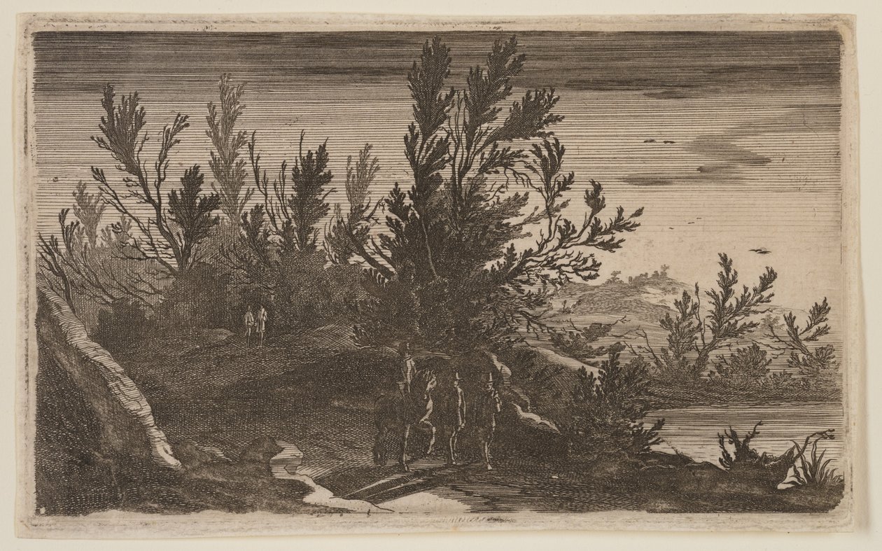 Ruiters op een bospad links van de vijver, uit Six Landscapes door Gillis van Scheyndel