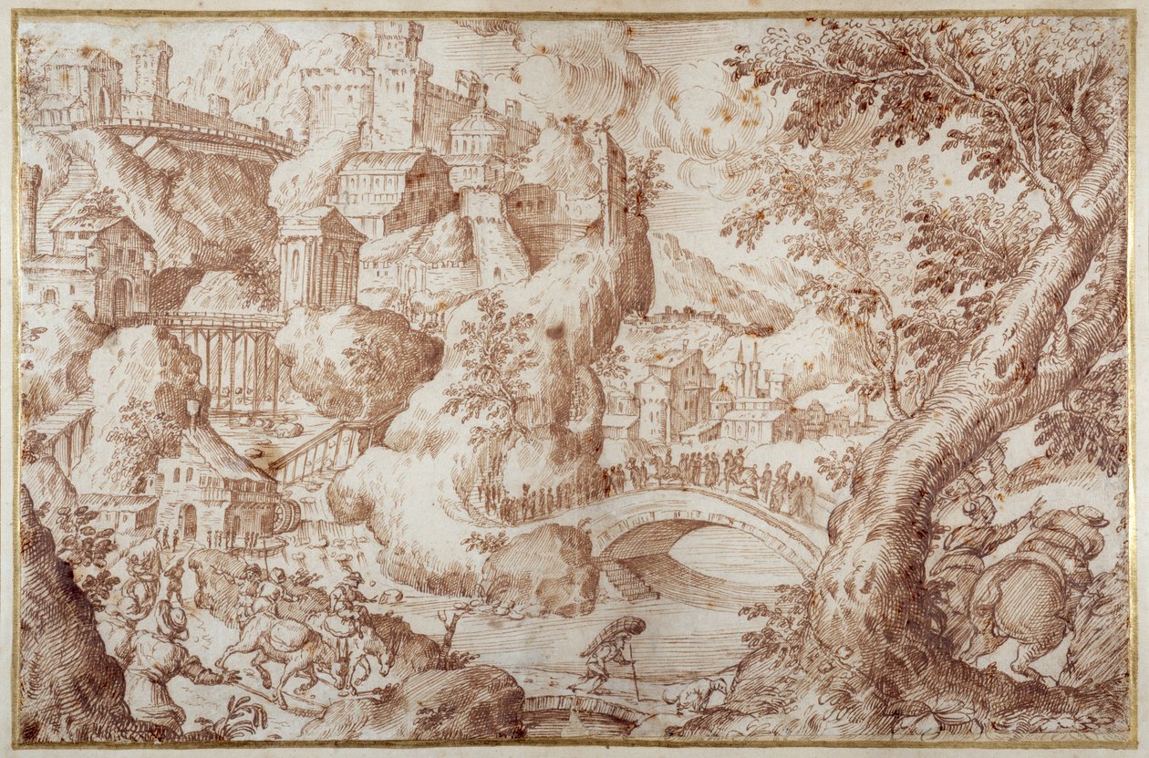 Fantastisch berglandschap met bruggen over ravijnen, een stad en reizigers door Gillis van Valckenborch