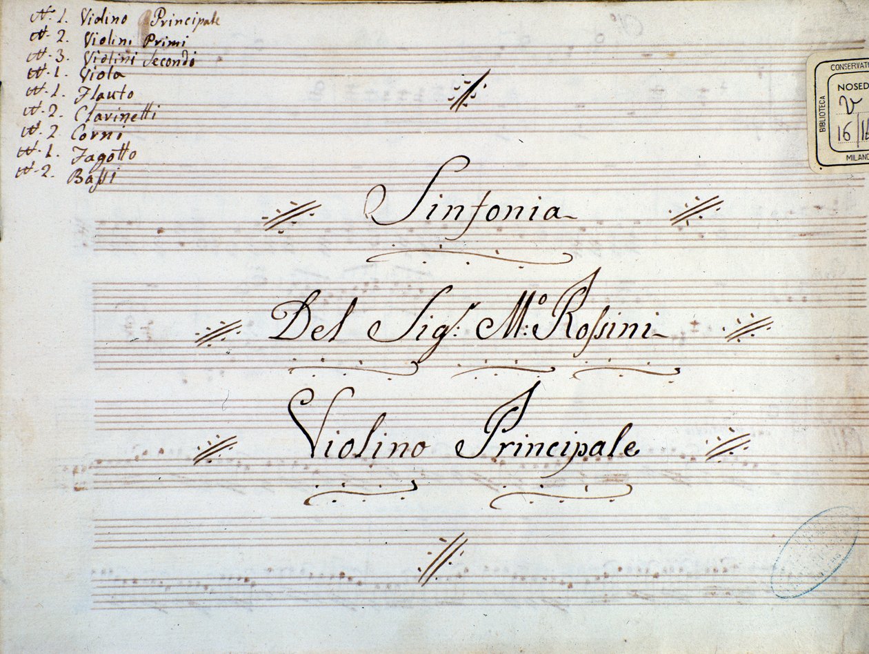 Detail van eerste pagina van viool muziekpartituur voor een symfonie door Gioacchino Rossini door Gioachino Rossini