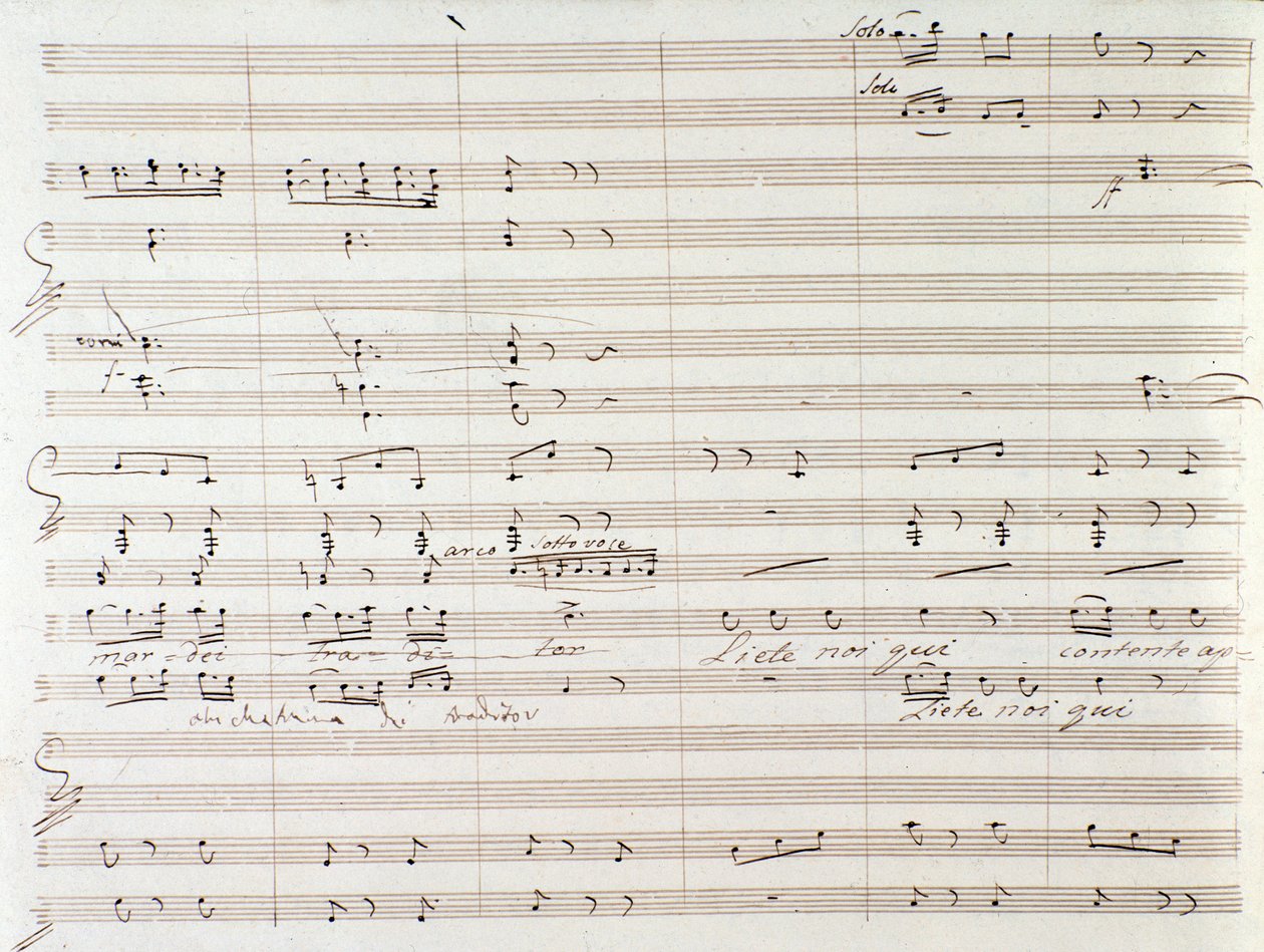 Pagina van muziekpartituur van Le Comte Ory met handgeschreven correcties door Gioachino Rossini
