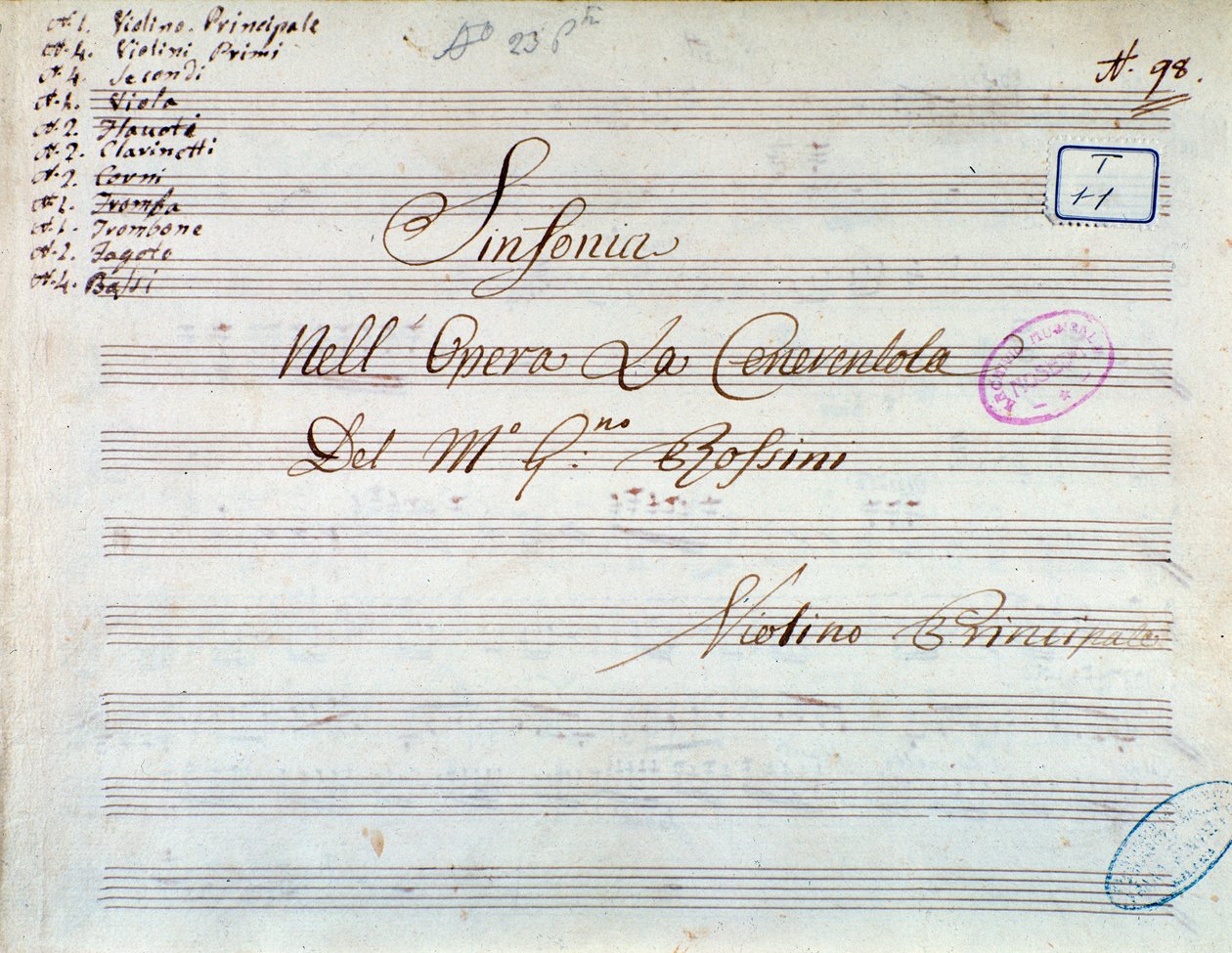Titelpagina van muziekpartituur voor viool voor symfonie in Assepoester, of Triomferende Goedheid door Gioacchino Rossini door Gioachino Rossini
