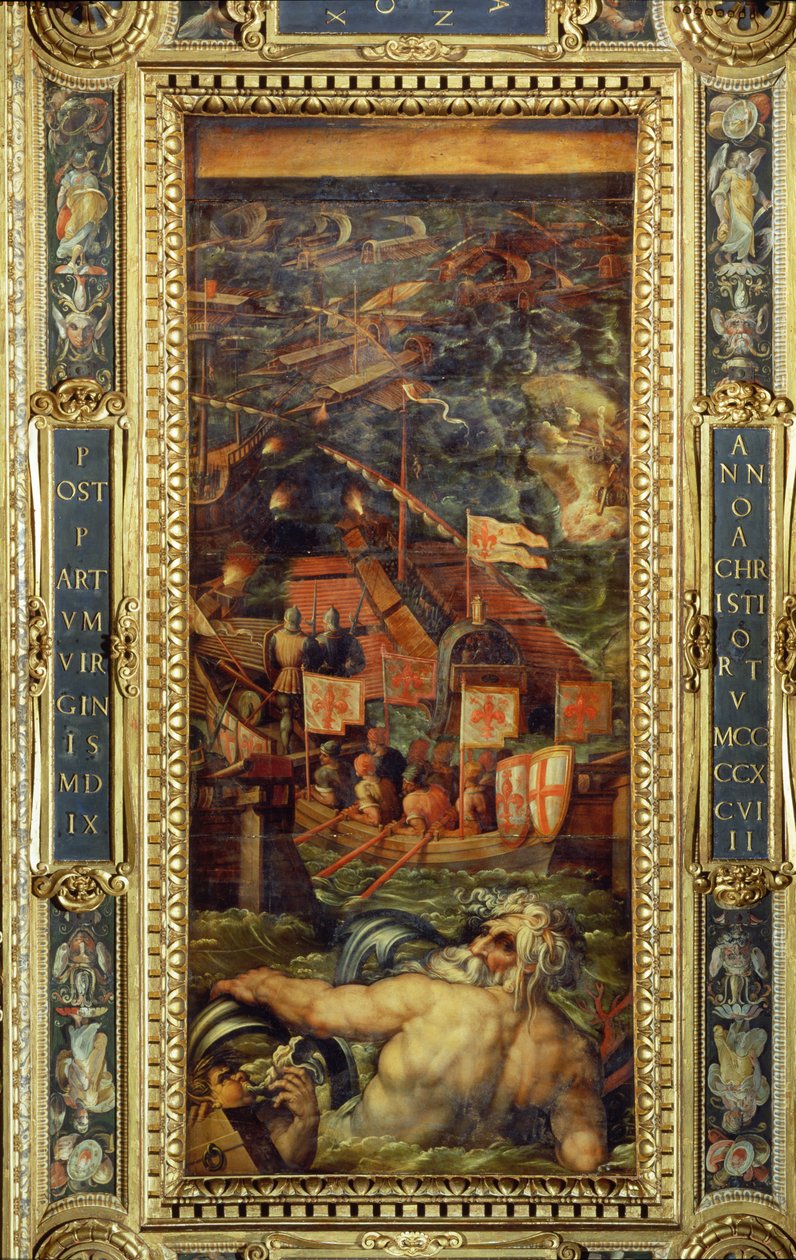 Een zeeslag tussen Florence en Pisa van het plafond van de Salone dei Cinquecento, 1565 door Giorgio Vasari