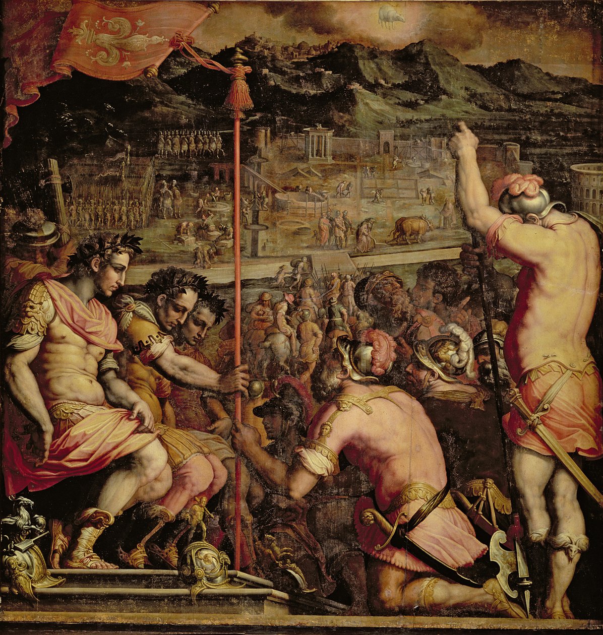 De stichting van Florence van het plafond van de Salone dei Cinquecento, 1565 door Giorgio Vasari