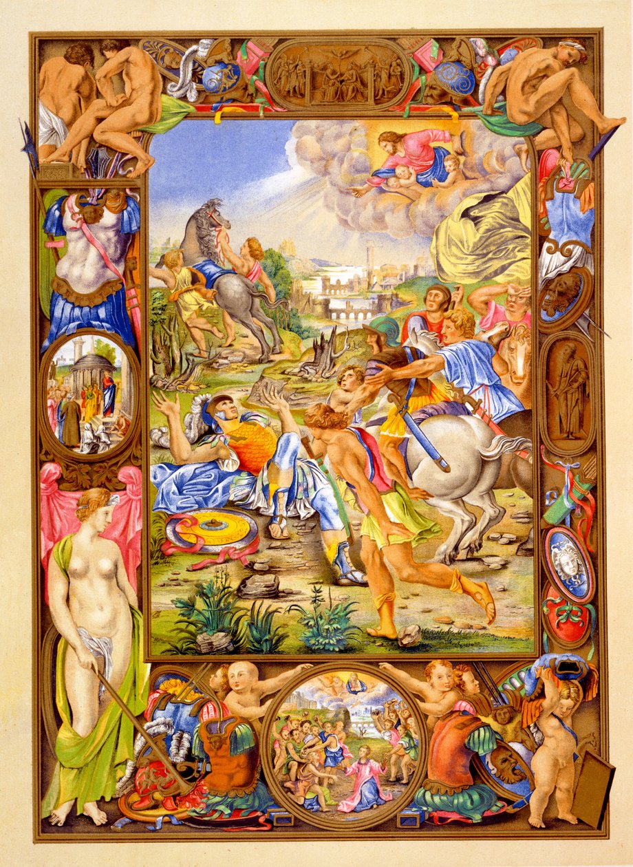 Facsimile van een manuscriptillustratie van de Bekering van Sint-Paulus uit Commentaren op de Brieven van Sint-Paulus aan de Romeinen door Giorgio Giulio Clovio