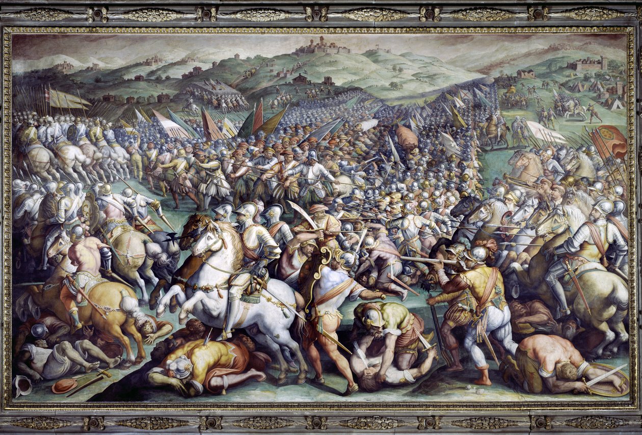Slag bij Scannagallo in Valdichiana (Val di Chiana). Fresco door Giorgio Vasari en zijn studio. Palazzo Vecchio (Salone dei Cinquecento) door Giorgio (and workshop) Vasari