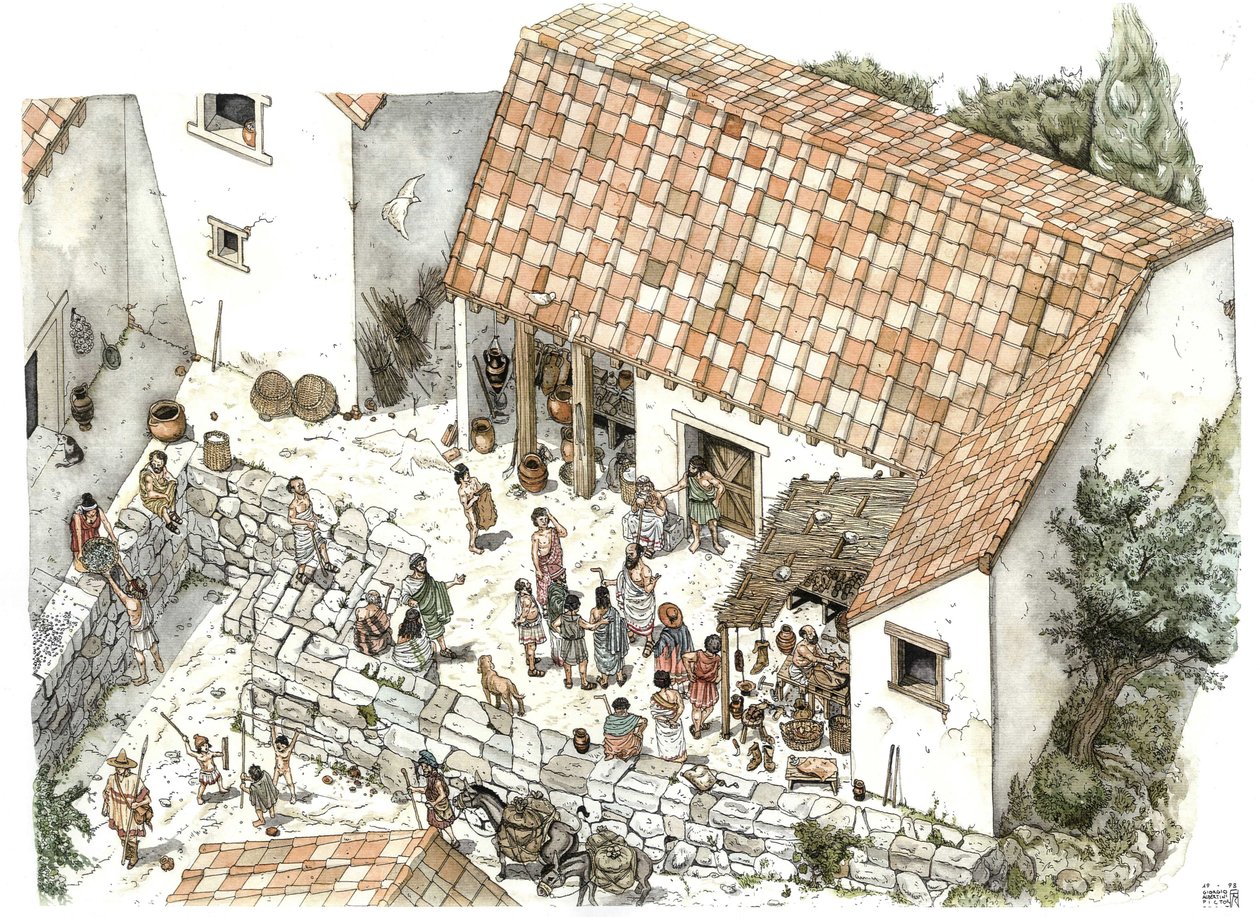 Griekenland uit de oudheid: reconstructie van de winkel van een schoenmaker (saver) in Athenes in de 5e eeuw v.Chr.: de filosoof Socrates is er afgebeeld in discussie met zijn medeburgers. Griekenland Illustratie door Giorgio Albertini. (Het gebruik van de door Giorgio Albertini