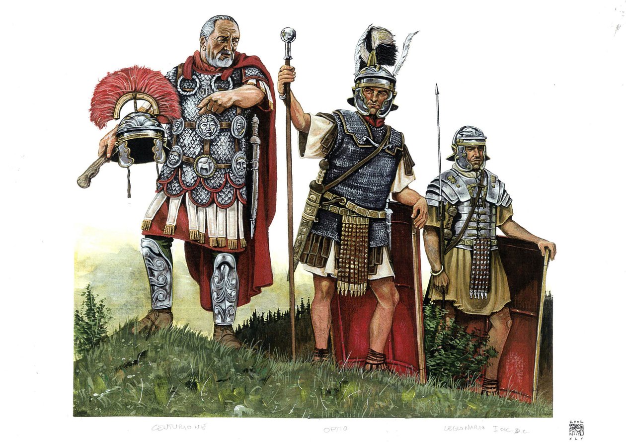 Het oude Rome: een centurion, optio (boodschapper tussen centurions en decurions) en een legionair. 2e eeuw door Giorgio Albertini