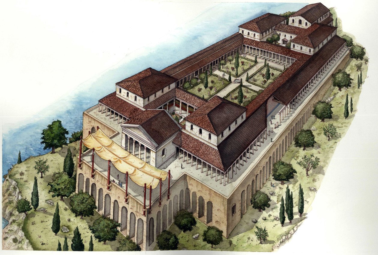 Rome uit de oudheid: reconstructie van de Romeinse villa Catulle of Cave di Catullo, woonplaats van de gelijknamige Latijnse dichter (1e eeuw v.Chr.), gelegen rond Sirmione, aan de meridionale oever van het Gardameer (lago di Garda). Italië. door Giorgio Albertini