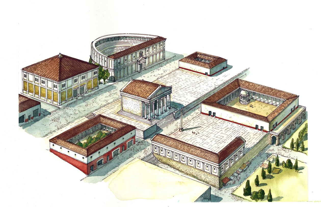 Het oude Rome: reconstructie van het centrum van de stad Napels met het amfitheater, de tempel. Italië door Giorgio Albertini