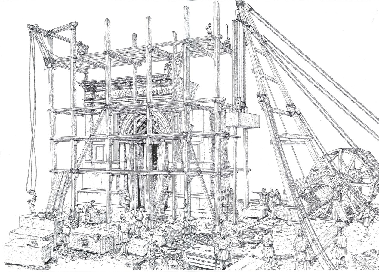 Het oude Rome: reconstructie van een bouwplaats van een boog in de 1e eeuw na Christus. De arbeiders hijsen de marmeren blokken op met steigers en katrollen. Illustratie door Giorgio Albertini. (Het gebruik van de werken van deze auteur is niet onderworpen door Giorgio Albertini