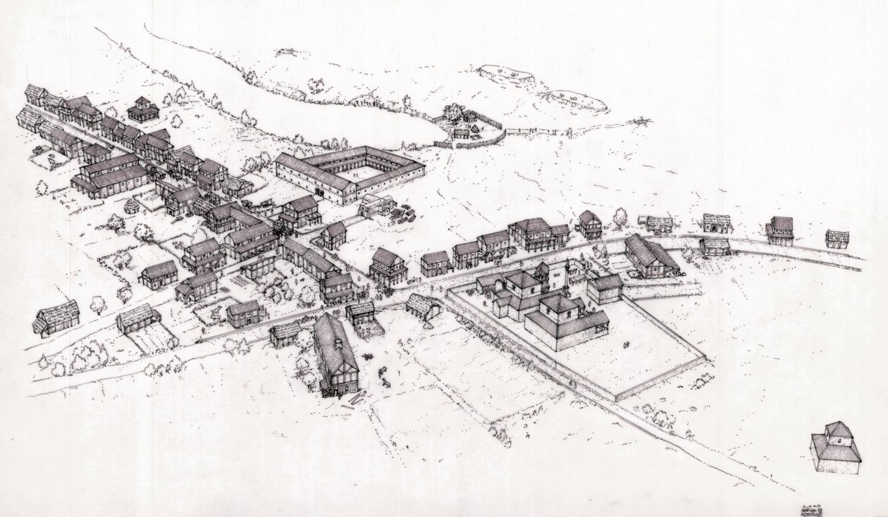 Het oude Rome: reconstructie van een dorp in Romeins Bretagne (Britannia of eiland Bretagne) in de 2e eeuw. Illustratie door Giorgio Albertini. (Het gebruik van de werken van deze auteur is niet onderworpen aan een aanvraag voor toestemming van een derde p door Giorgio Albertini
