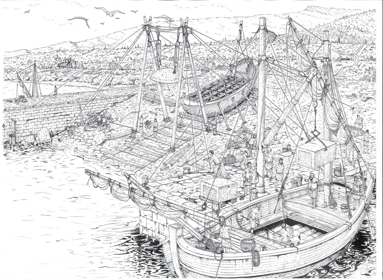 Antiquite: het vervoer per schip van marmer waarschijnlijk uit de steengroeven van Carrara (Carrara). 2e eeuw na JC Italië Illustratie van Giorgio Albertini. (Het gebruik van de werken van deze auteur is niet onderworpen aan een aanvraag voor toestemming v door Giorgio Albertini