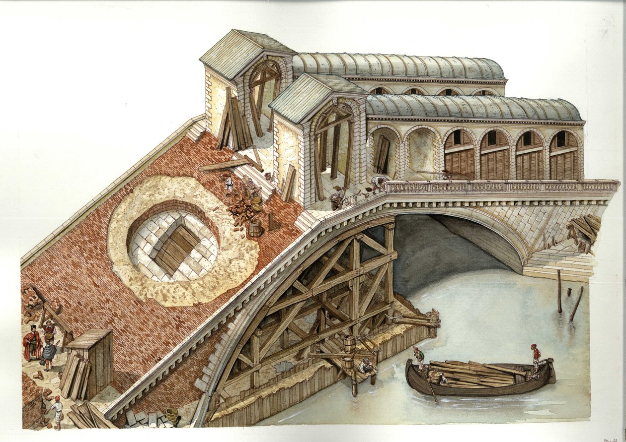 Architectuur: bouwplaats van de Rialtobrug in 1588-1591 in Venetië, Italië. Illustratie door Giorgio Albertini (Het gebruik van het werk van deze auteur is niet onderworpen aan toestemming van derden of de betaling van aanvullende royalty
