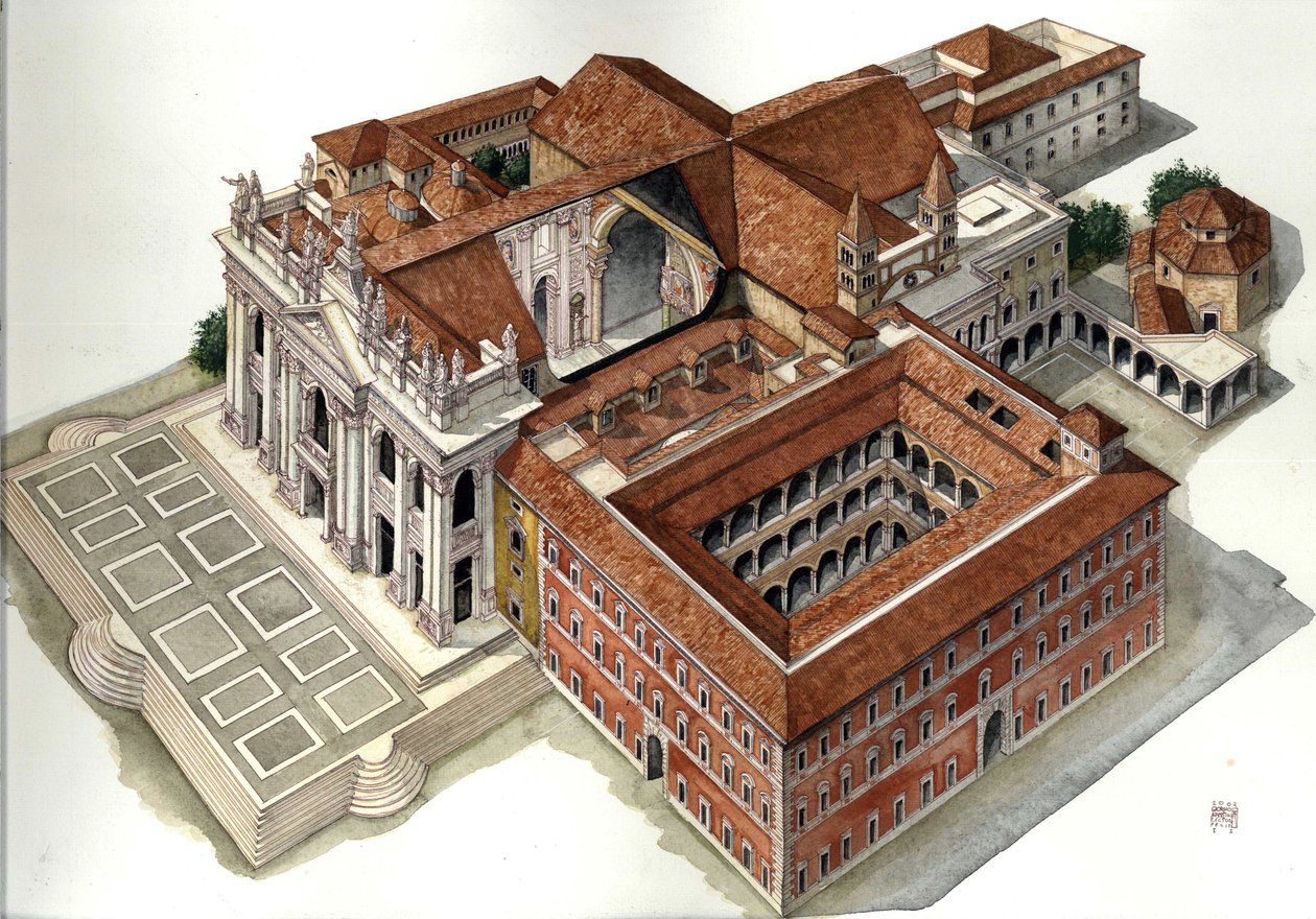Barokarchitectuur: reconstructie van de Basiliek van Sint-Jan Lateranen (Sint-Jan Laterano of San Giovanni in Laterano) (17e-18e eeuw) Rome Illustratie door Giorgio Albertini. (Het gebruik van de werken van deze auteur is niet onderworpen aan een aanvraag  door Giorgio Albertini