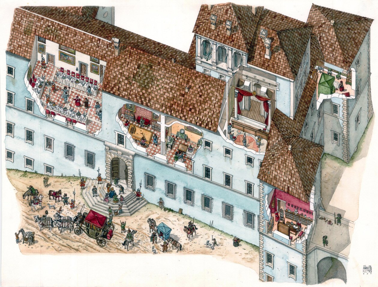 Barokkunst: aanzicht en architecturale doorsnede van het paleis Chigi a Ariccia, Lazio, in de 17e eeuw. Het interieur van de familiekamers en de bijgebouwen van de bedienden zijn zichtbaar. Italië door Giorgio Albertini