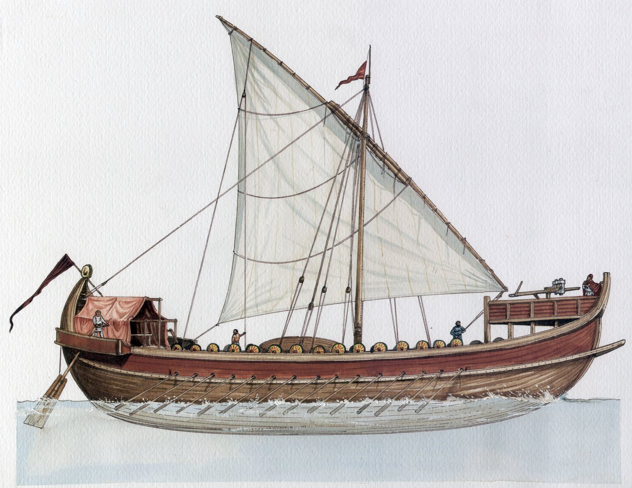 Byzantijnse Rijk: reconstructie van een dromon, oorlogsschip, 9e-11e eeuw. door Giorgio Albertini