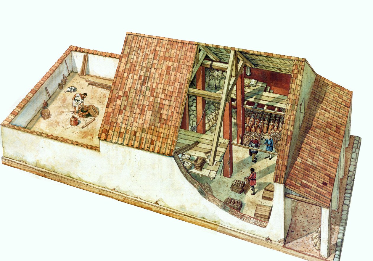 Byzantijnse architectuur: reconstructie van een Klassewinkel, magazijn van het Classe-dokkengebied, haven van de stad Ravenna (Ravenna) ten tijde van keizer Justinianus. Italië 7e eeuw. In de doorsnede van het gebouw kun je de opgeslagen goederen zien. door Giorgio Albertini