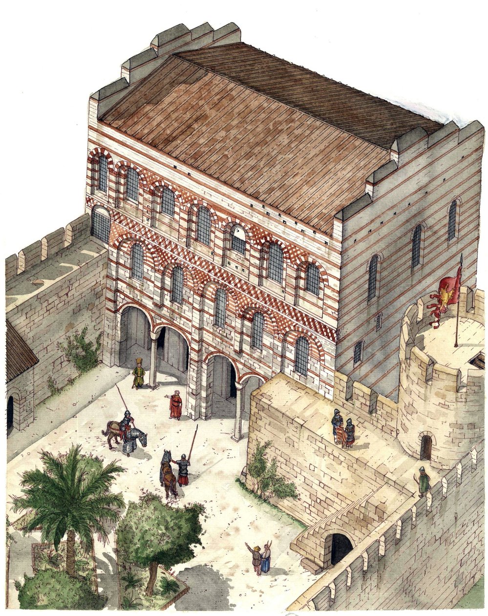 Byzantijnse kunst: reconstructie van het paleis van Constantijn Porphyrogenete in het 13e-eeuwse Constantinopel. door Giorgio Albertini