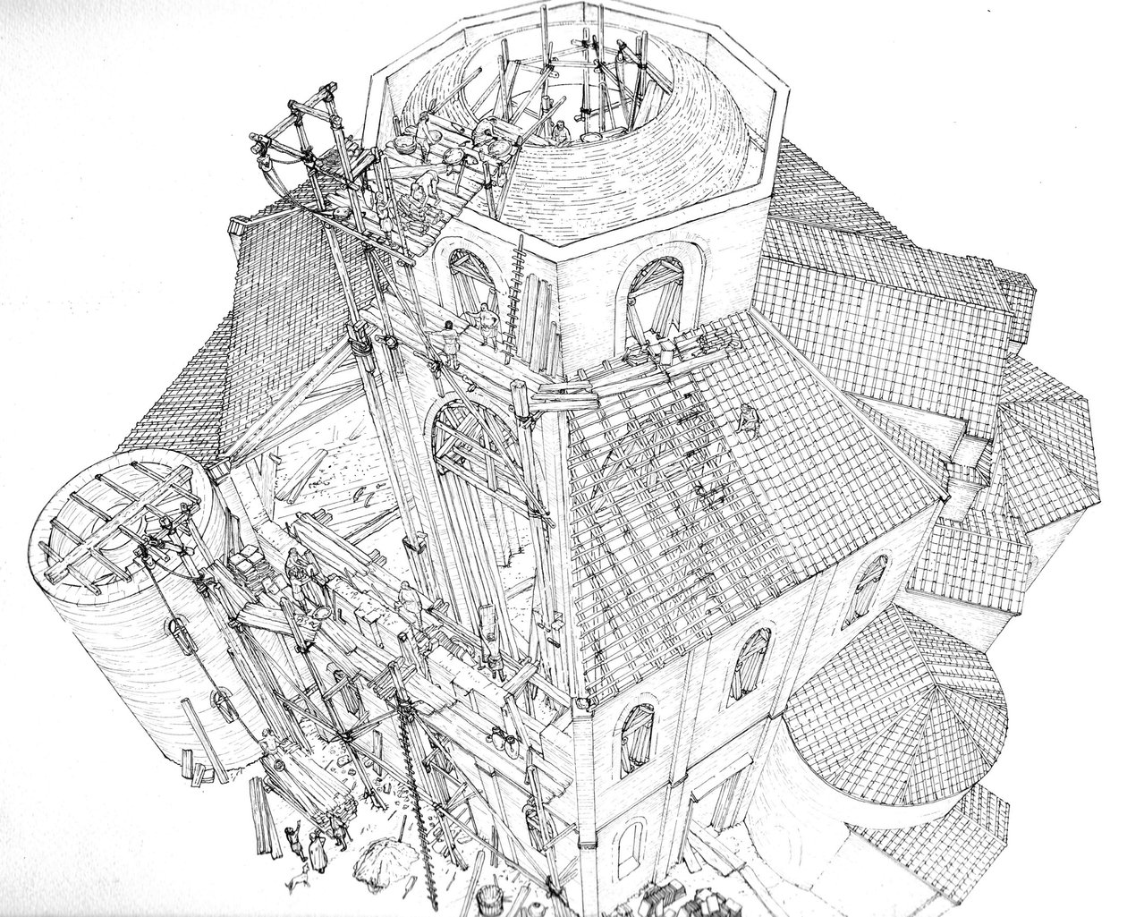 Byzantijnse kunst: voorstelling van de bouwplaats van de Basiliek van St. Vital (Saint Vital of San Vitale) in Ravenna in de 5e eeuw. Gezicht op de aërosol waarop de arbeiders op de steigers werken aan het geraamte van de koepel. Italië Illustratie door Gi door Giorgio Albertini