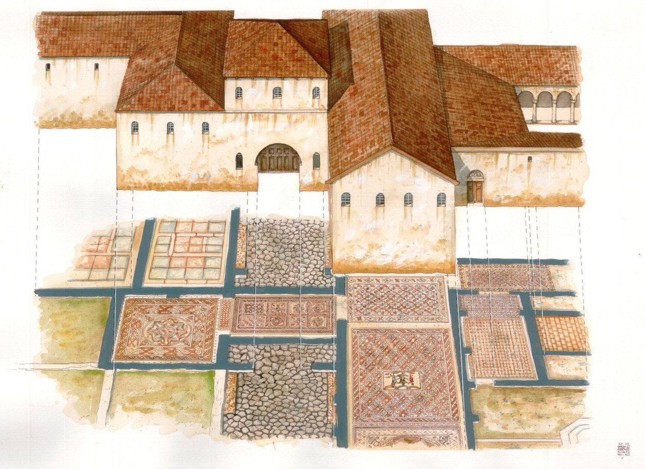 Byzantijnse kunst: zicht op de Domus site van stenen tapijten (dei tappeti di pietra) in Ravenna (Ravenna) in de 6e eeuw, samengesteld uit mozaïek van een Byzantijns paleis. door Giorgio Albertini