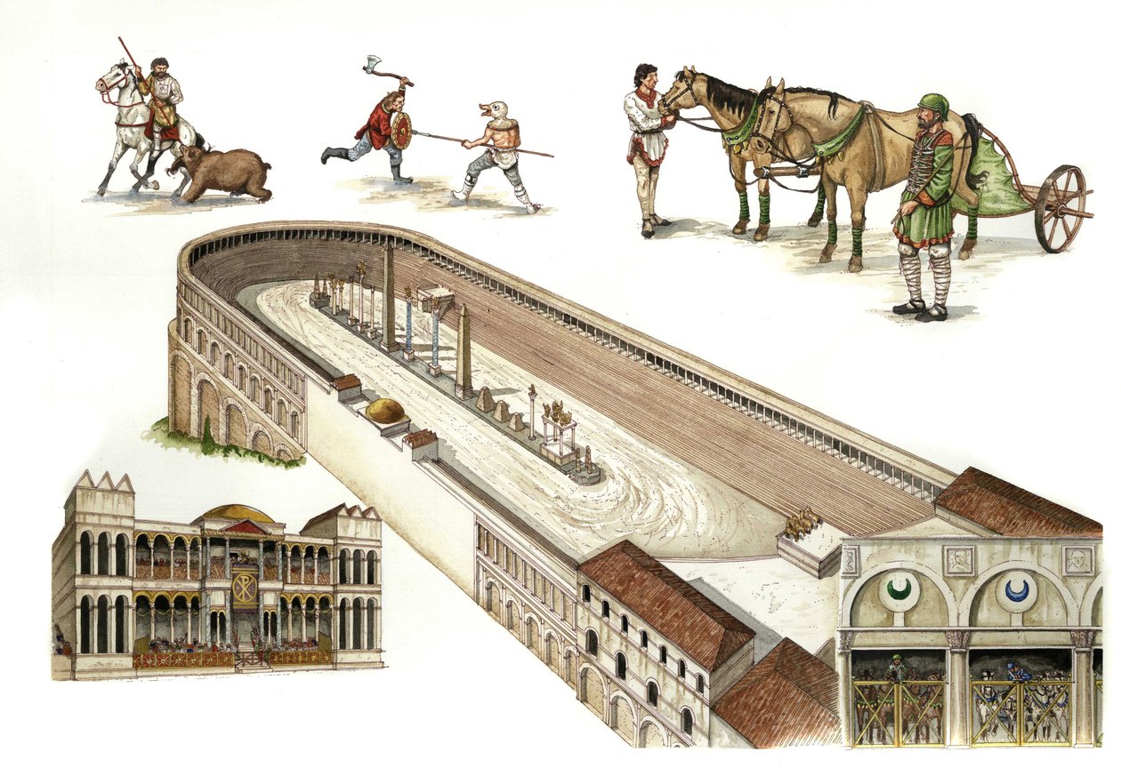 Byzantium: reconstructie van de renbaan van Constantinopel, een arena vergelijkbaar met het Romeinse circus voor tankraces, gebouwd door Constantijn I in de 4e eeuw. In het midden van de baan staan obelisken en zuilen als versiering. Huidig Istanbul, Turki door Giorgio Albertini