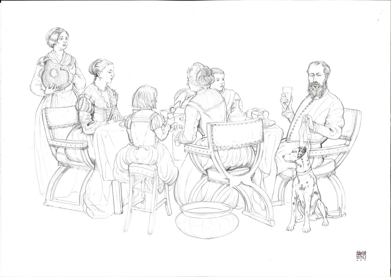 Dagelijks leven Renaissance: burgerlijk gezin aan tafel door Giorgio Albertini