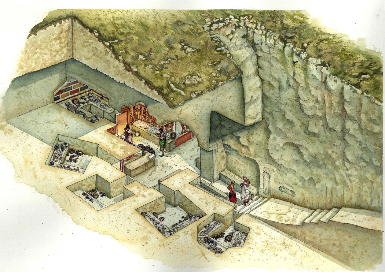 Etruskische beschaving: reconstructie en versnijding van de graftombe Francois de Vulci. 3e eeuw voor Christus Italië door Giorgio Albertini