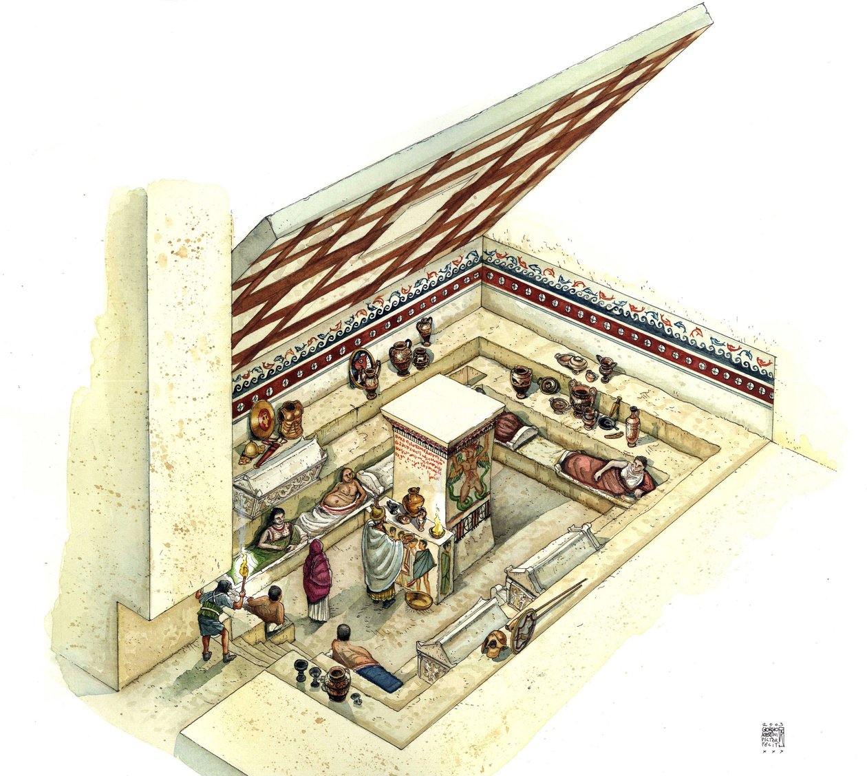 Etruskische beschaving: reconstructie en uitsnede van het graf van de Tifone (tyfoon), necropolis van Tarquinia. 2e eeuw v.Chr. Italië door Giorgio Albertini