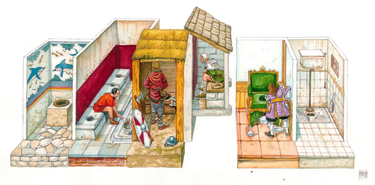Dagelijks leven: evolutie van sanitaire systemen en hygiëne: bord dat toiletten voorstelt, toiletten, kast, waterafvoersysteem van de oudheid tot de moderne tijd, van links naar rechts, een gat waar uit de aarde werd gesneden, in het midden van de toilette door Giorgio Albertini