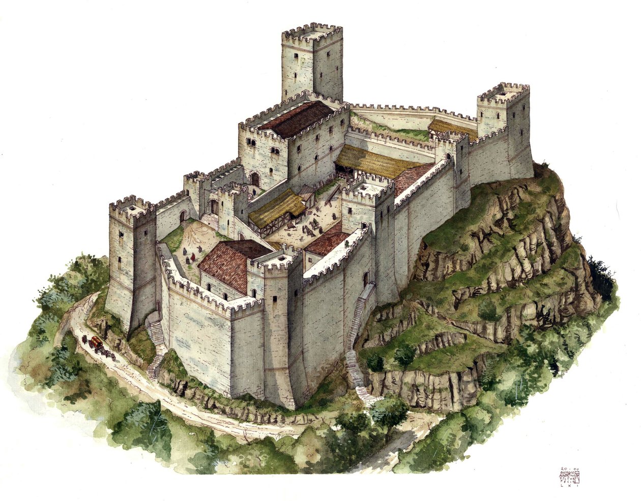 Middeleeuwse architectuur: reconstructie van het kasteel van Canossa in de 11e eeuw, toen gravin Mathilde de Canossa (of gravin Mathilde van Toscane) (1046 - 1115) en paus Gregoire VII (1015/20 - 1085) er hun toevlucht zochten. Italië Illustratie door Gior door Giorgio Albertini