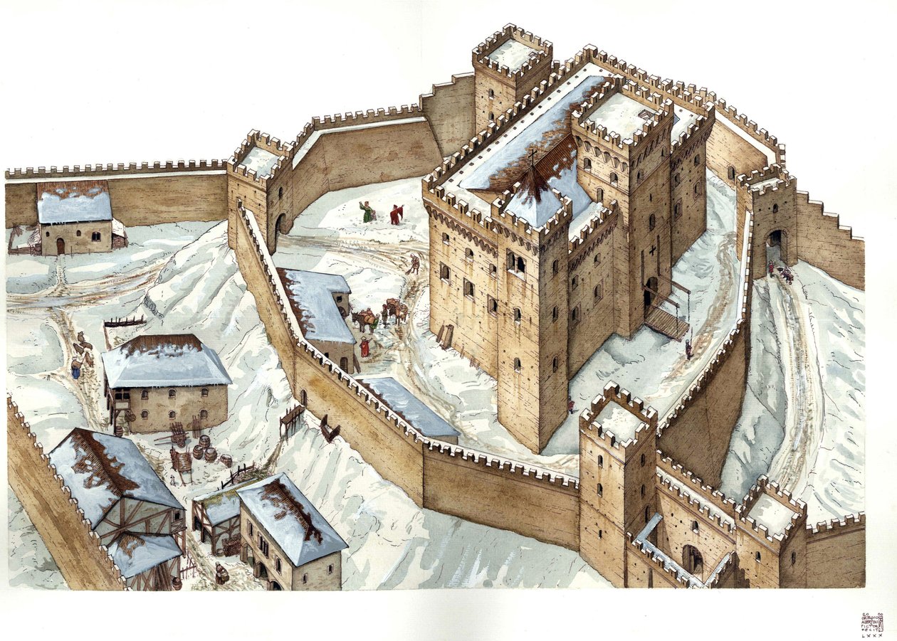 Middeleeuwse architectuur: reconstructie van het kasteel van de stad Udine in de 14e eeuw. Italië Illustratie door Giorgio Albertini. (Het gebruik van de werken van deze auteur is niet onderworpen aan een aanvraag voor toestemming van een derde partij of a door Giorgio Albertini