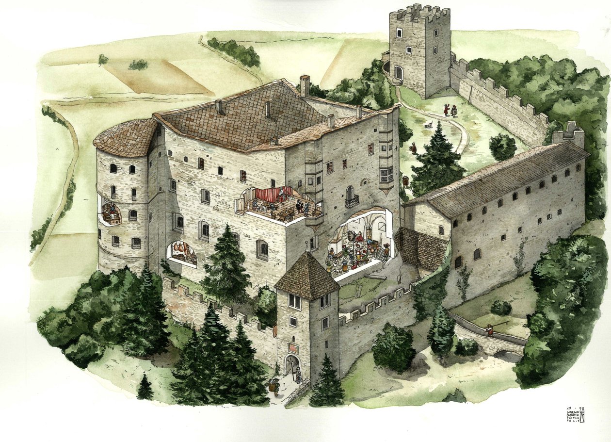 Middeleeuwse architectuur: zicht op het kasteel van Pergine, met uitsnijdingen die het leven van de bewoners in de kamers van het kasteel in de 16e eeuw laten zien. Pergine Valsugana, Trento, Italië Illustratie door Giorgio Albertini. (Het gebruik van de w door Giorgio Albertini