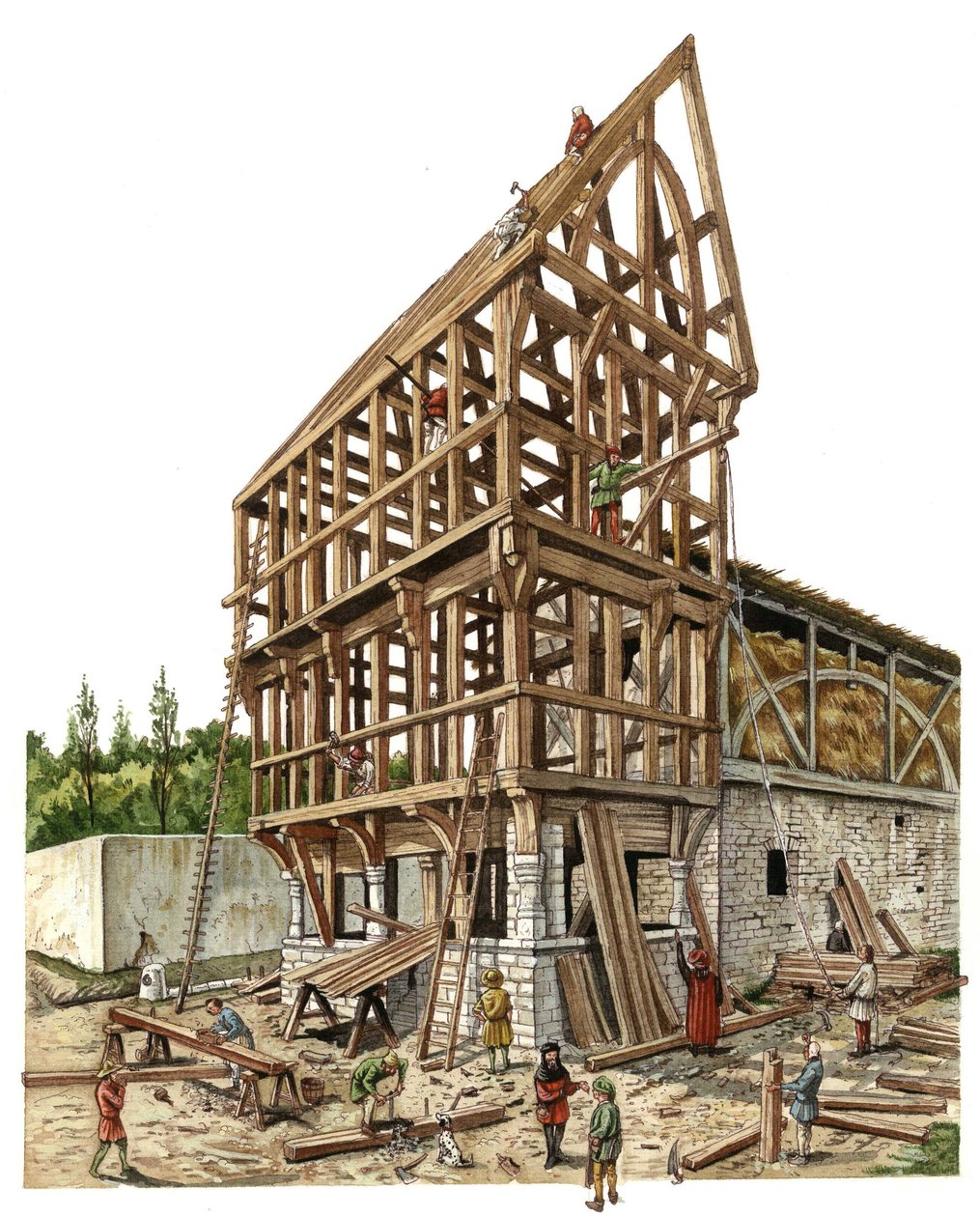 Middeleeuwen: een bouwplaats in een streek in Noord-Frankrijk in de 14e eeuw, timmerlieden en meubelmakers werken aan de houten structuur van een schuur. Illustratie door Giorgio Albertini. (Het gebruik van de werken van deze auteur is niet onderworpen aan door Giorgio Albertini