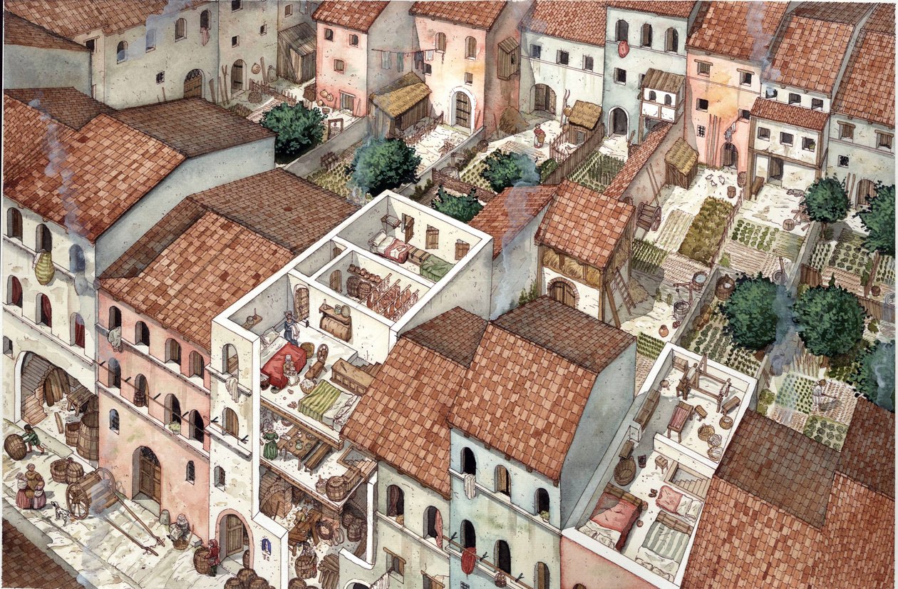 Middeleeuwen: luchtfoto van woningen, doorsnede van het interieur van de woningen in Florence, Italië in de 13e eeuw. door Giorgio Albertini