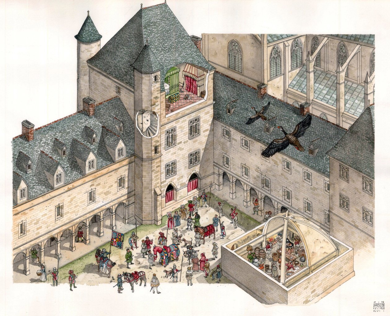 Middeleeuwen: luchtfoto van het Palais des Dukes de Burgundy in Dijon (Cote d